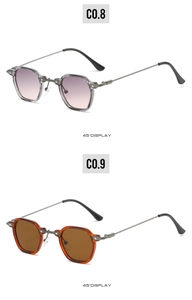 Detail display of punk hexagonal sunglasses in purple and brown 45-degree angle
