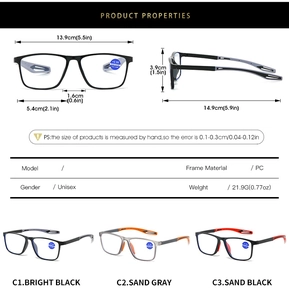 Detailed size specifications for blue light blocking glasses with dimensions and weight