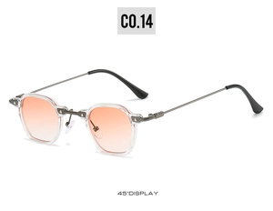 Detail view of punk geometric sunglasses with gradient orange lenses and clear frames