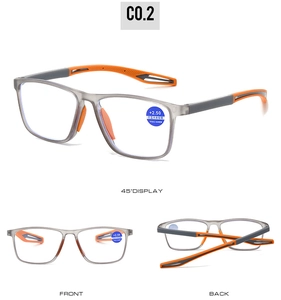 Detail view of grey TR90 reading glasses +2.50 with blue light blocking and orange tips