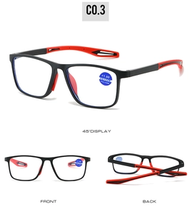 Detail view of black and red TR90 reading glasses with blue light blocking lenses and +1.00 power