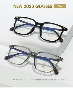 Close-up of square anti-blue light glasses with specs on temple and UV400 lens sticker