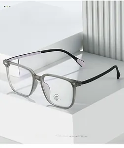 Detail of square glasses with anti-blue light lenses and UV400 protection coating