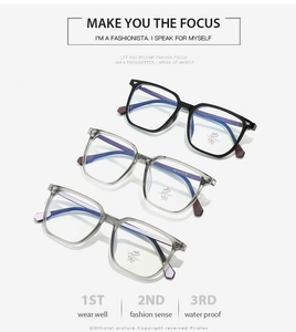 Detailed comparison of square anti-blue light glasses in black, transparent and frosted grey