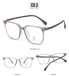 Front and back views of grey transparent square anti-blue light glasses with UV400 lenses