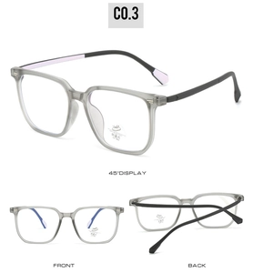 Detail view of square blue light blocking glasses with transparent grey frames and UV400 lenses
