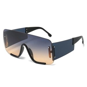 Fashionable oversized wrap around shield sunglasses with gradient lenses and black frame