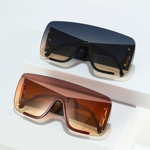 Oversized flat top shield sunglasses with blue-yellow and brown gradient lenses
