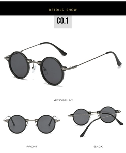 Dreiseitige Ansicht der runden Steampunk-Sonnenbrille mit schwarzem Rahmen und Metallbügeln