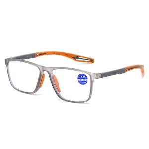 Grey and orange TR90 anti-blue light reading glasses with +2.50 power on white background