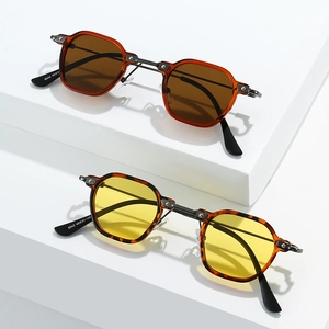 Retro punk small round sunglasses with double bridge metal frame in amber and tortoise