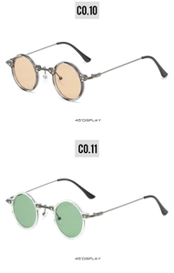 Detailansicht der Retro-Steampunk-Sonnenbrille mit runden Gläsern in Orange und Grün