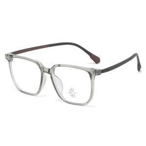 Transparent grey square frame blue light blocking glasses with metal hinge detail