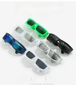 Flat lay view showing five colors of futuristic Y2K rectangle frame sports sunglasses