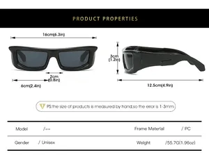 Detailed size chart for unisex sports sunglasses including width, height, and PC frame material