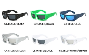 Detailed grid showing six color variations of stylish wraparound sports sunglasses