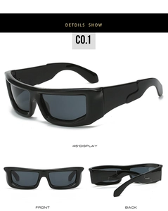 Detailed views of black wrap-around sports sunglasses showing front, back, and 45-degree angle