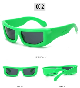 Three views of lime green futuristic sports sunglasses showing front, back, and 45-degree angle