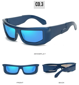 Three-view display of futuristic sports sunglasses with blue frames and mirrored lenses