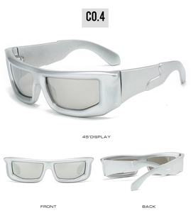 Detailed views of silver Y2K sports sunglasses showing front, back and 45-degree angles