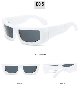Three-angle view of white rectangle sporty sunglasses with wide frames and dark lenses