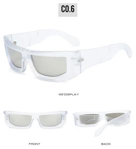 Multi-angle view of white matte sports sunglasses with grey lenses and futuristic wide temples