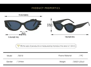 Detailed size chart of cat-eye sunglasses with flame edges and measurements
