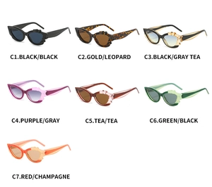 Detailed grid of cat-eye sunglasses featuring seven colorful stacked wave frames