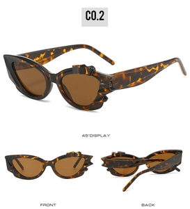 Three-angle view of cat eye sunglasses with tortoiseshell frame and brown lenses