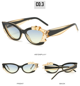 Cat eye angular sunglasses C0.3 showing front, back, and 45-degree side views in detail
