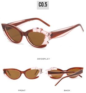Three perspectives of brown cat eye sunglasses with pink textured frames on white background