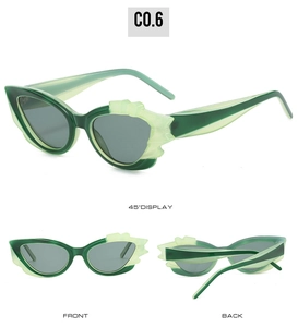 Cat eye sunglasses featuring flame-shaped light green frames and grey lenses from multiple views