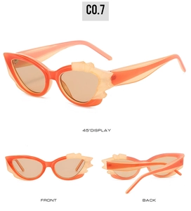 Three-view layout of cat-eye sunglasses featuring orange gradient flame edges