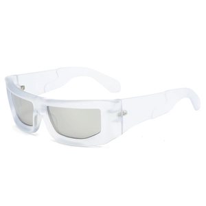 Y2K style sporty sunglasses with matte white translucent frames and dark grey lenses