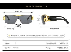 Detailed dimensions of Y2K rimless wrap sunglasses with grey lenses and metal temples