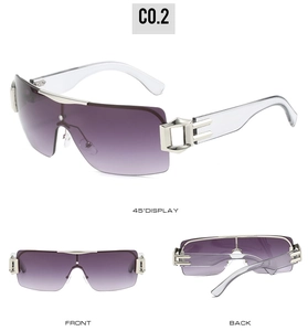 Multiple views of Y2K wraparound sunglasses with purple gradient lenses and clear temples
