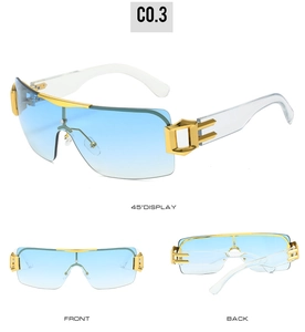 Three-way view of Y2K rimless sunglasses with blue gradient lenses and gold metal trim