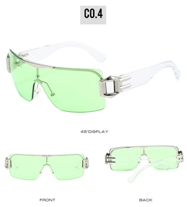 Detailed views showing the front and back of Y2K rimless sunglasses with green lenses