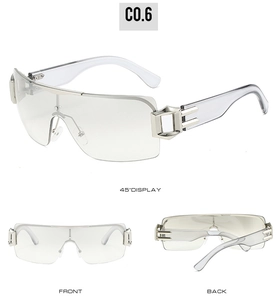 Three-view display of Y2K sunglasses with silver metal frame and square cutout hinge detail