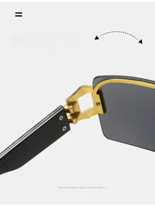 Macro view of durable gold metal hinge structure on stylish Y2K square sunglasses