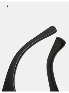 Detailed macro view of curved glossy black sunglass legs featuring a sleek minimalist design