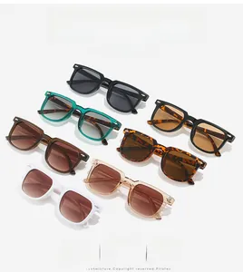 Detailed view of square sunglasses showing multiple colors and rivet hinge design