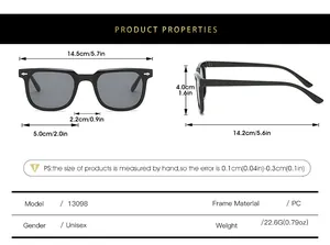 Detailed size chart and technical specifications for square frame unisex sunglasses