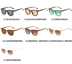 Detailed comparison of square sunglasses showing seven color variants with silver rivets