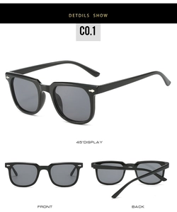 Detail view of square black sunglasses with silver wing rivets and grey lenses from 3 angles