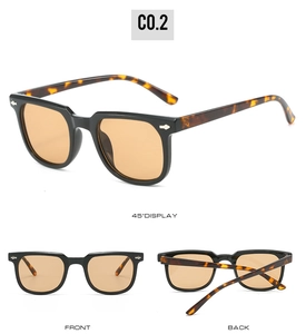 Square sunglasses with black frame and leopard print temples shown from multiple angles