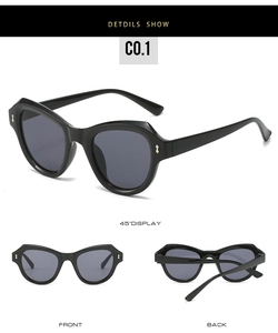 Detaillierte Vorder- und Rückansicht der schwarzen Vintage-Cat-Eye-Sonnenbrille mit Nieten