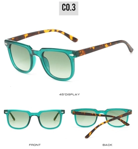Three-angle view of vintage square sunglasses in transparent green with silver rivets