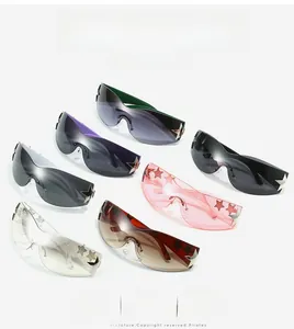 Detailed flat lay of Y2K rimless star sunglasses in six vibrant color variations