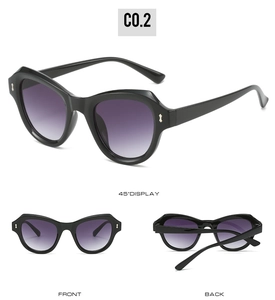 Detailansichten der schwarzen Cateye-Sonnenbrille mit lila Verlaufsgläsern und Metallakzent
